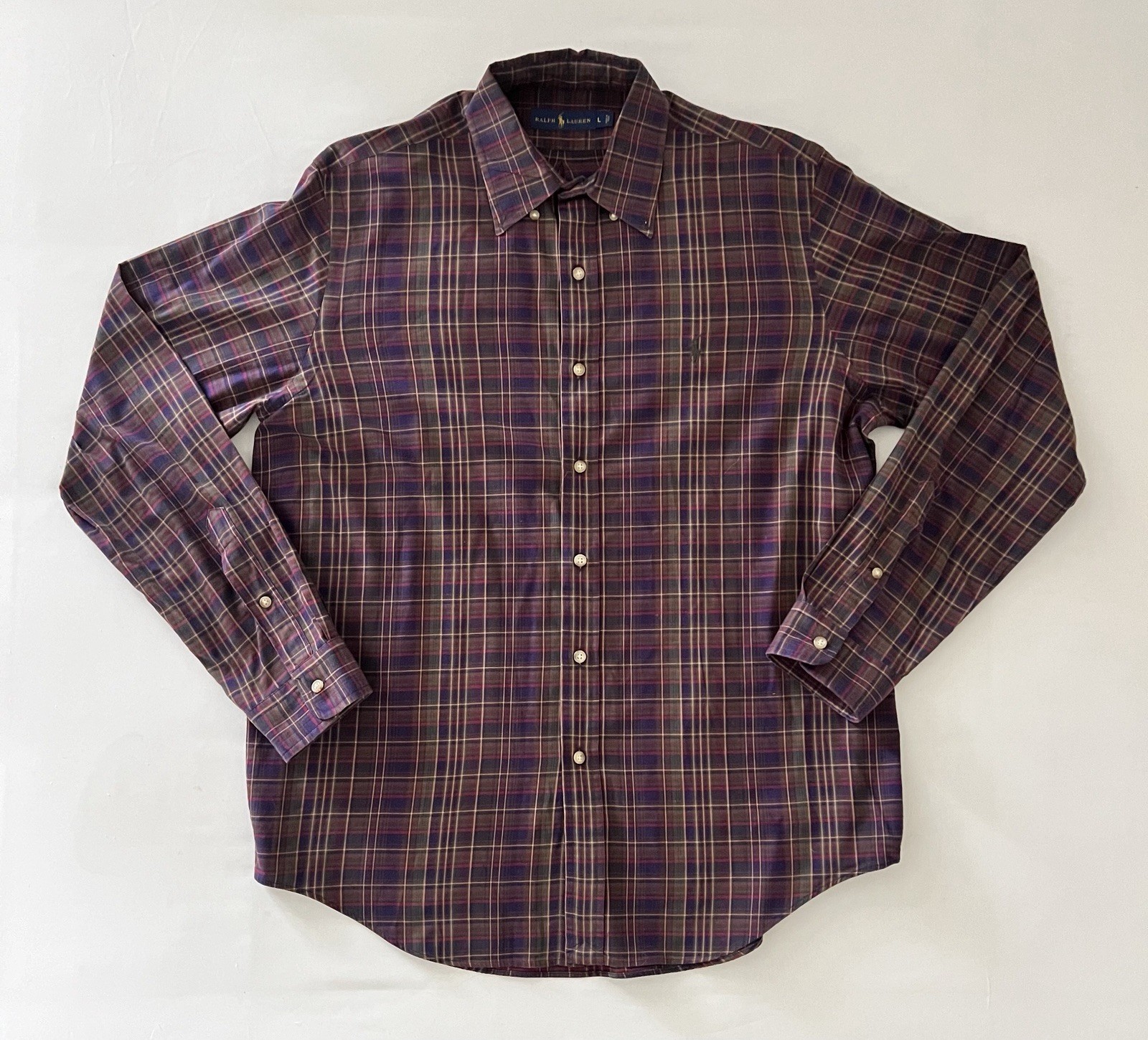 Polo Ralph Lauren viola a quadri manica lunga camicia abbottonata preppy blu pony L