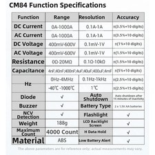 CM84 Digital Klemm Multimeter 1000A für Spannungsfestigkeit Temperatur