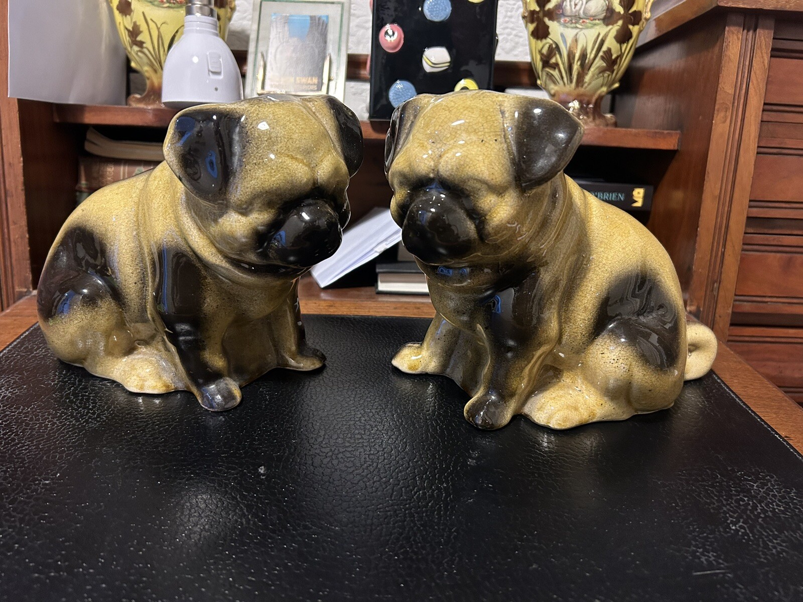 Pair Of Antique Staffordshire Pug Dog Figures Yellow & Black Hollow
