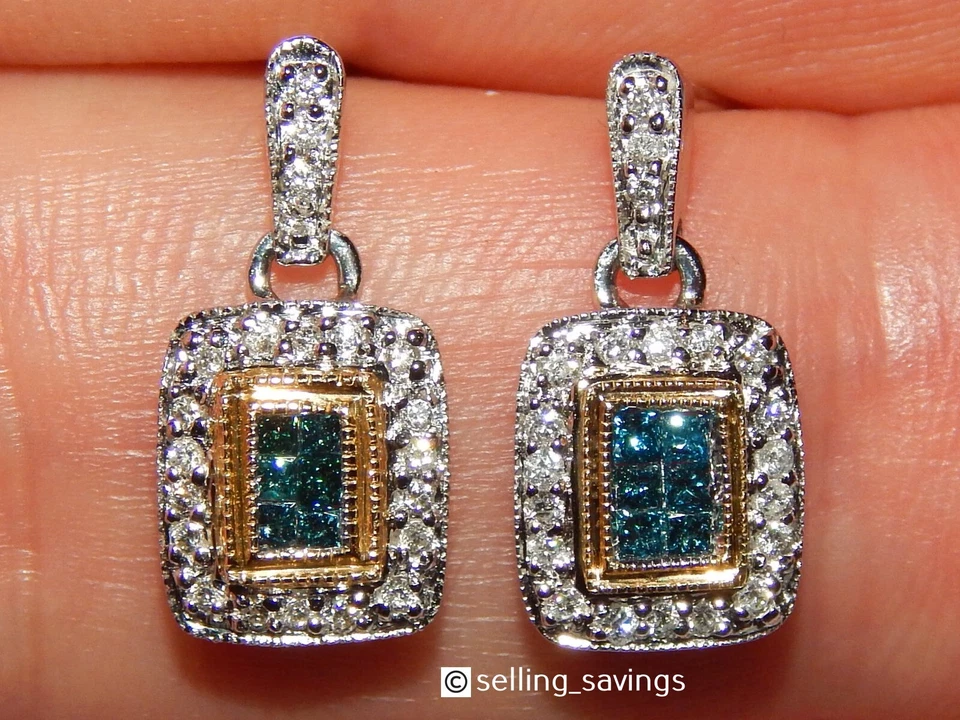 PENDIENTES COLGANTES COLGANTES ORO BLANCO Y AMARILLO 14K DIAMANTE AZUL Y BLANCO 7/10 PULGADAS Foto 4 de 4