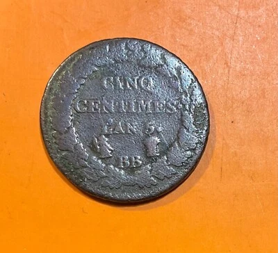 France - cinq centimes Dupré l'an 5 BB en cuivre Marianne - Photo 1/2