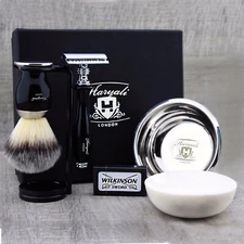 Classic 5 Pieces Men Shaving Kit DE Safety Synthetic Silver Tip Badger Brush Set