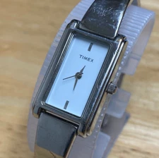 Timex Lady Silver White Rectangle Steel Band Analog Quartz Watch~New Battery
