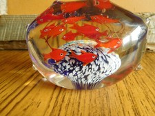 Vintage MCM Murano Style Glass Aquarium Sculpture 10 Fish Paperweight Hand Blown