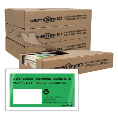 VERSANDO öko Lieferscheintaschen Pergamin grün DIN lang selbstklebend in Spenderbox 4x250
