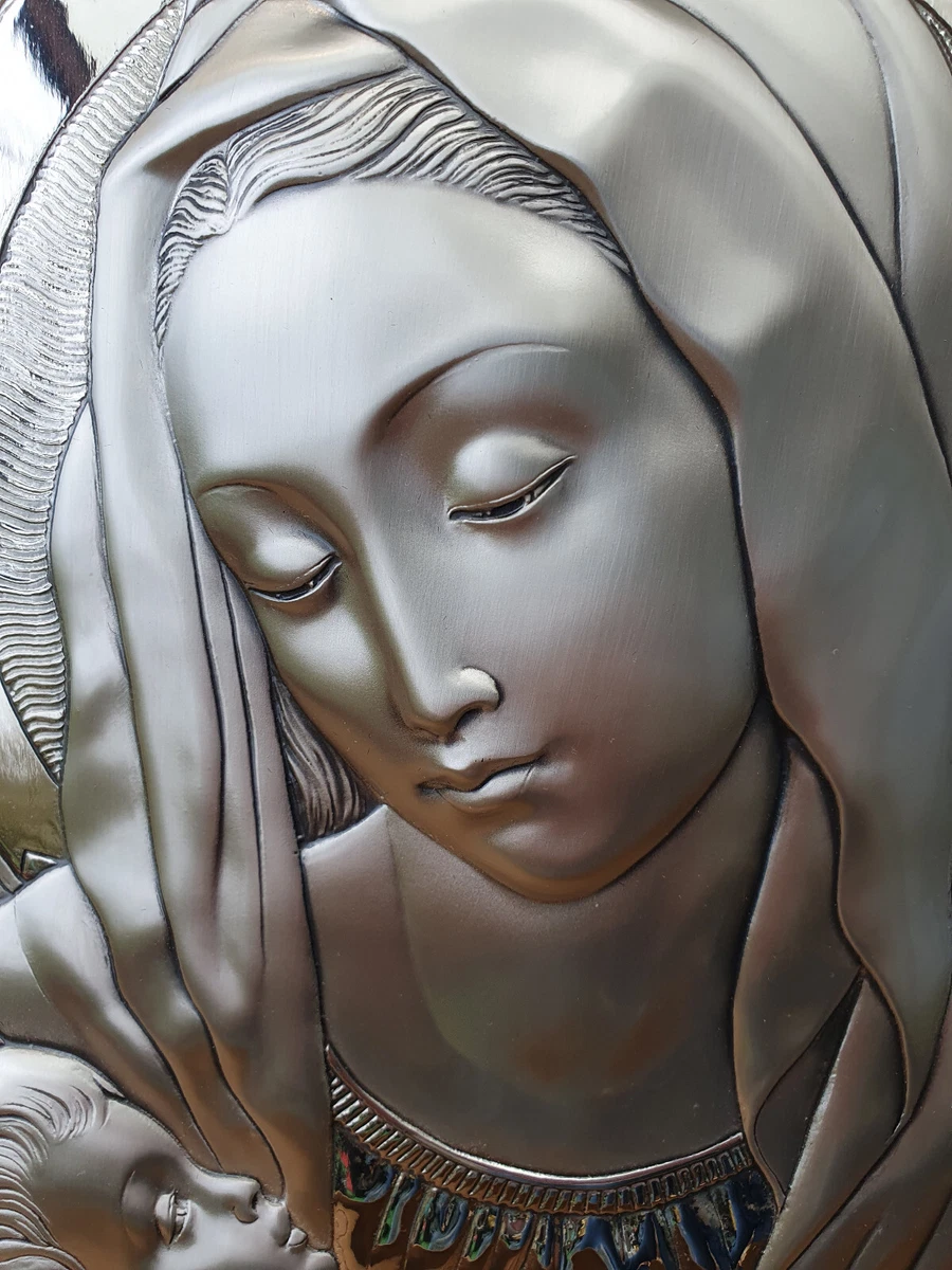 Wandbild Maria mit Jesuskind Silber auf massiver Glasplatte wunderschön
