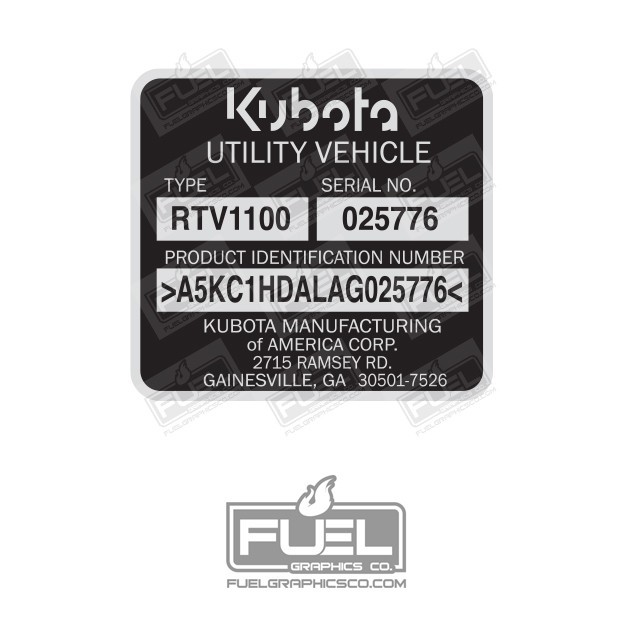Kubota Custom Utility Vehicle Serial No. Tag Premium Vinyl Decal