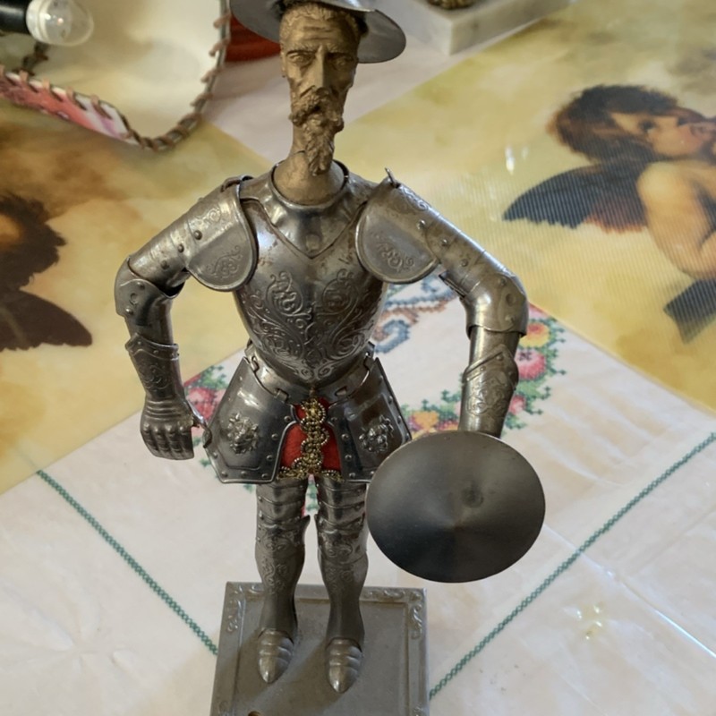 Metal Armored Knight Figurine Silver Red Fabric Metallic Finish Indoor