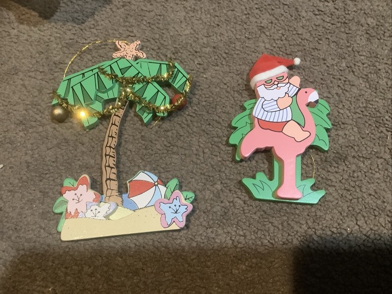 2 Vintage Santa On Flaming & Palm Tree Ornaments