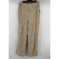 Zara Women Beige Crinkled Floral Jacquard Straight Leg High Rise Pants Size M