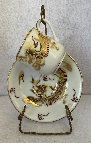 Kutani 1940’s Japanese Moriage Dragonware Demitasse Cup & Saucer With Stand