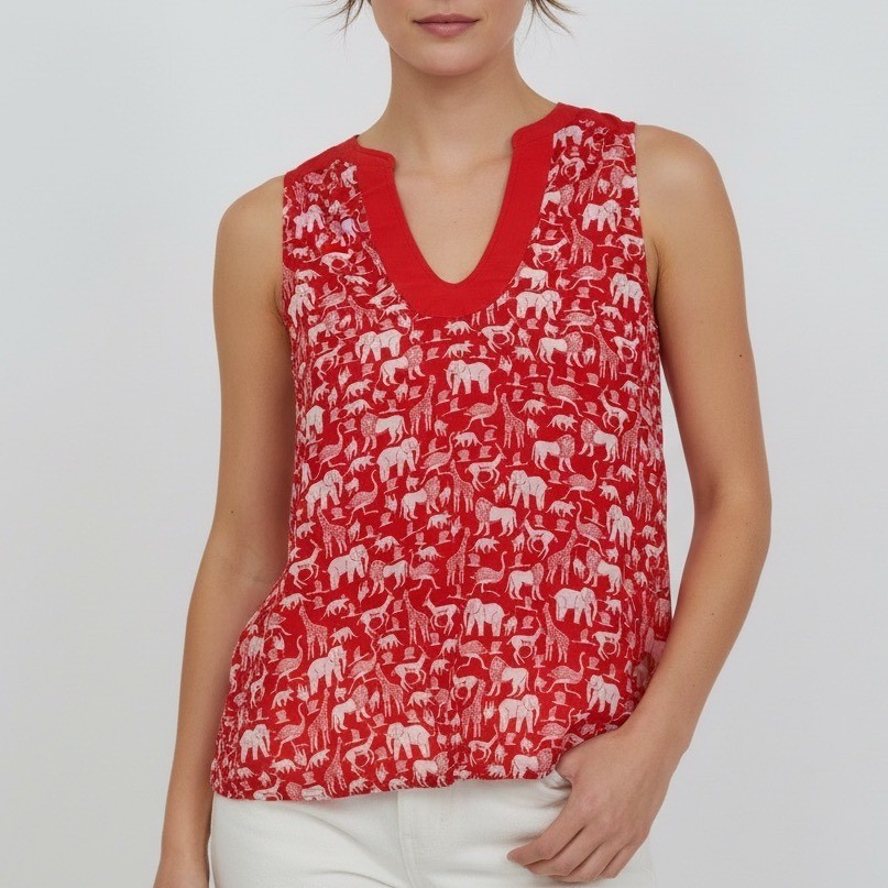 Maeve Anthropologie Red White Animal Safari Print V-Neck Sleeveless Top Size 4