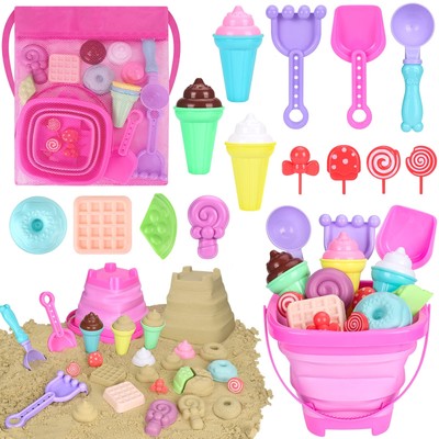 Collapsible Beach Toys Set for Toddlers Girls, Collapsible Sand Bucket and Sh...