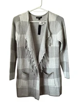 Adrienne Vittadini Women’s Open Cardigan Gray/Ivory Fringe Sz XL NWT