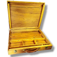 VTG Wooden Artist Painters Palette Case Travel Box Dovetail Briefcase 21"x17.5"