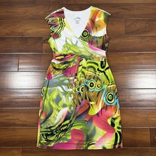 Joseph Ribkoff Size 14 Butterfly Peacock Print Jersey Knit Faux Wrap Dress
