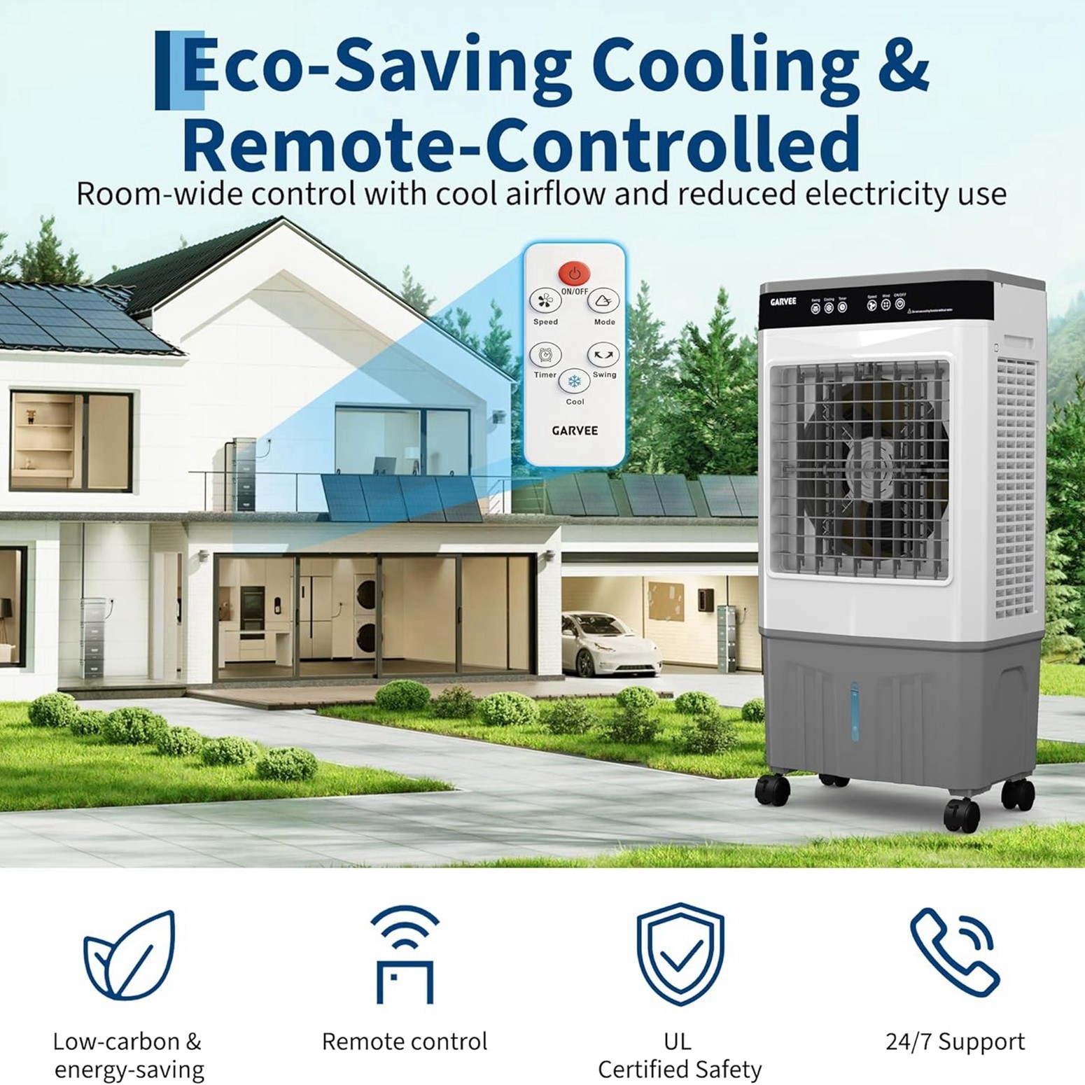 Evaporative Air Cooler 3000 CFM 3-in-1 Portable Swamp Fan w/ Remote 5.3 Gal Tank