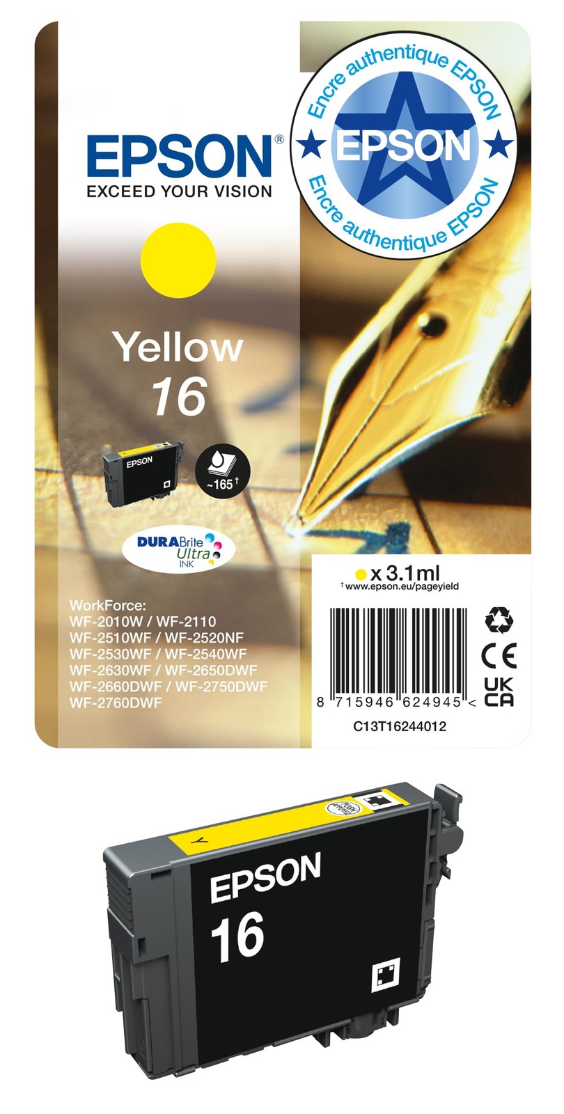 16XL Stylo Plume Jaune avec cartouche d'encre d'origine haute capacité