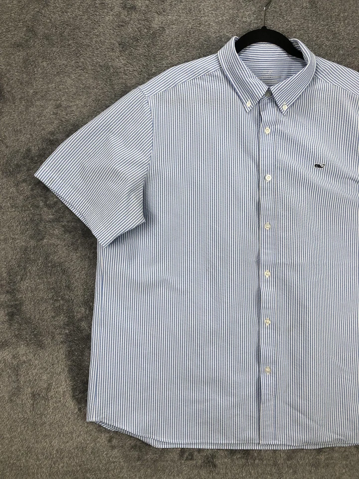 Vineyard Vines 衬衫男式 2XL 蓝色白色条纹性能纽扣标志 — 第 2/4 张图片