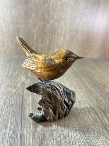 Hand Carved Wooden Wren Bird Statue Mounted On A Rustic Wood Branch Base