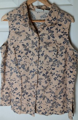 VTG Basic Editions 20W Sleeveless Tan Blue Floral Print Linen Blend Button Top