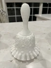 Vtg.Fenton Milk Glass Daisy/Button Bell with Ruffled Edge and Rib Handle 6 In