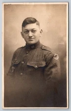 RPPC World War 1 Soldier USA MP Badge Collar Vintage Postcard, Y14