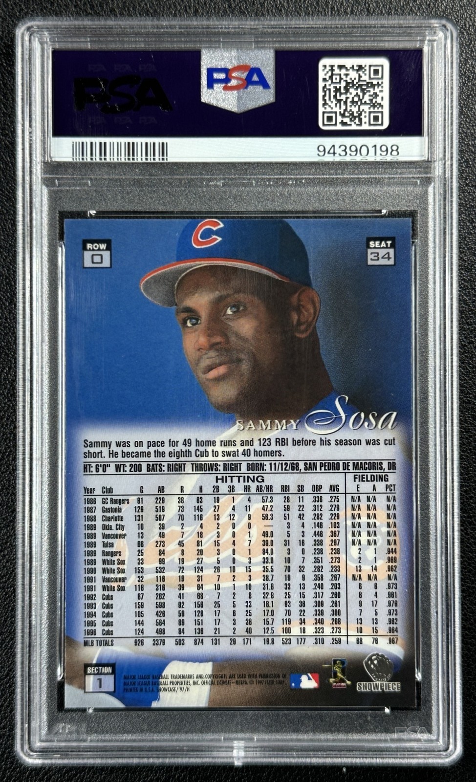 SAMMY SOSA PSA 9 1997 FLAIR SHOWCASE #34 ROW 0 SHOWCASE CUBS 0198 view 2