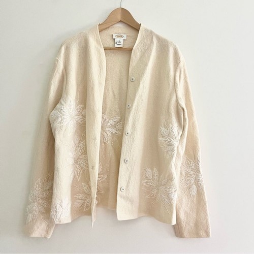 Vintage Talbots Strickjacke Jacke 100% Wolle XL bestickt Blumen Damen cremeweiß - Bild 2 von 12