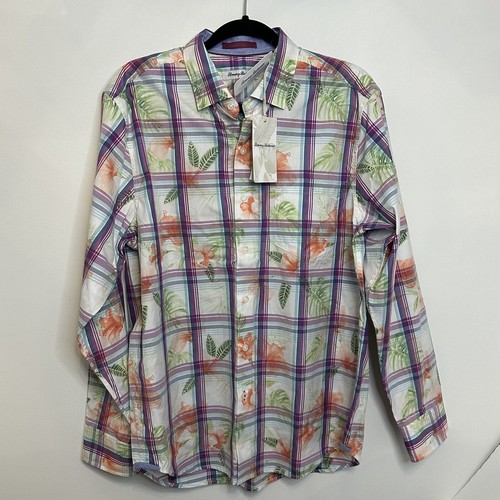 Tommy Bahama Women Medium Vedado plaid Tropical Floral Button Up Long Sleeve NEW