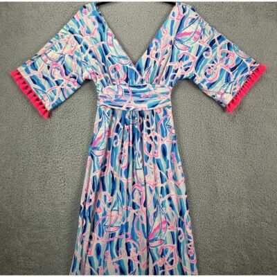 Lilly Pulitzer Maxi Dress Womens 2XS Blue Parigi Tassel V-Neck Reel Nautical NEW