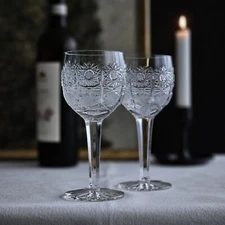 Bohemian Czech 7 oz (220 ml) Crystal Wine Glass Hand Cut Queen Lace, Set of 2