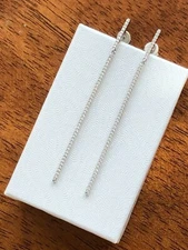 Long CZ Bar Dangle Drop Earrings Sterling Silver 925 Women 63mm/2.48"x1.5mm THIN