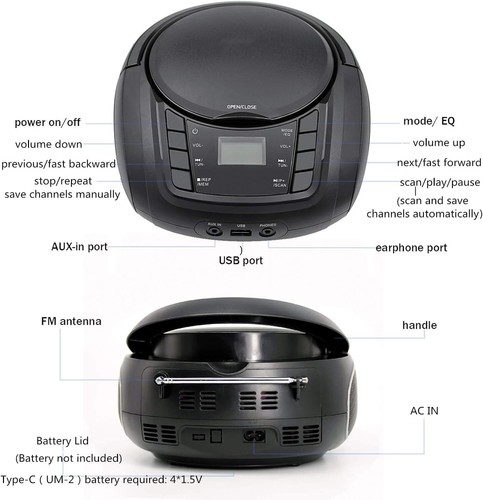 Portable Boombox - CD Player, Bluetooth, USB, MP3, AUX, FM Radio, Portable, Buil - Picture 6 of 7