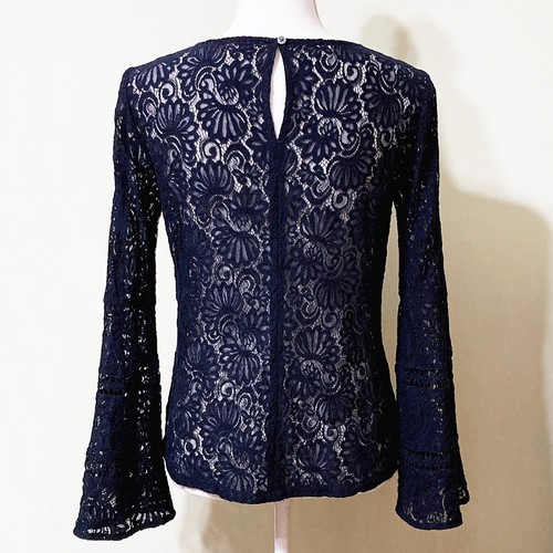 Loft Lace Top S Navy Blue Floral Bell Sleeve Sheer - Picture 6 of 9
