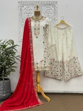 New Attractive Chinnon Silk Kurta Palazzo With Red Dupatta For Women