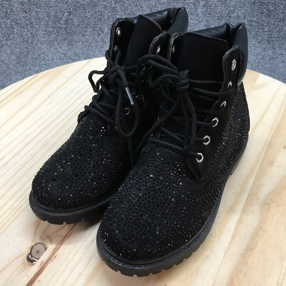 Botas de bambú para mujer 6 botines al tobillo cuero negro con cordones estrás tacones Foto 3 de 4