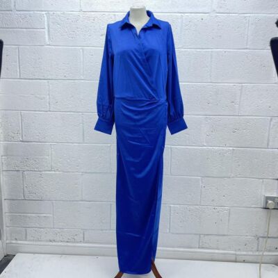 MISSGUIDED BLUE SATIN MAXI DRESS V FRONT SHIRT LONG SLEEVE SPLIT