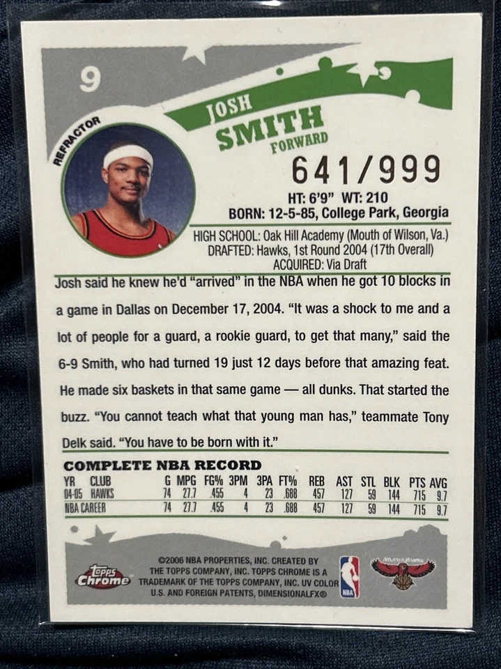 2005-06 Topps Chrome Refractor Josh Smith 641/999 Atlanta Hawks #9 - Image 2 of 2