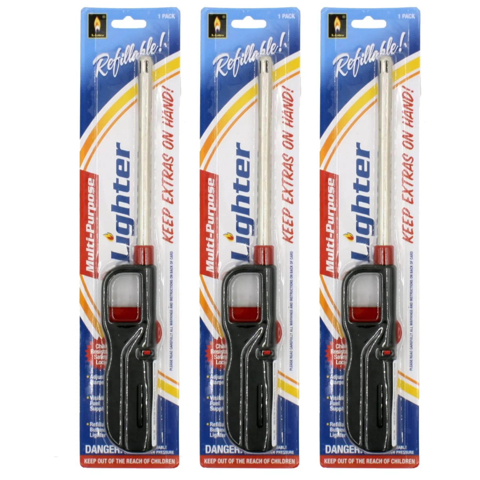 3 PK Long Lighters, Candle Lighter, Camping Lighter, Refillable, Child Lock