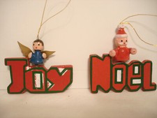 Two Vintage Wooden Wood Christmas Ornaments Joy Noel Santa Angel