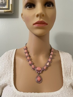 Vintage Stunning Cobochon Coral + Pink Rhinestone Necklace Stamped SNK on Metal