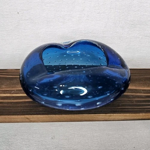 Vintage MCM Blenko Blue Bubble Glass Ashtray/ Paperweight 4.5"