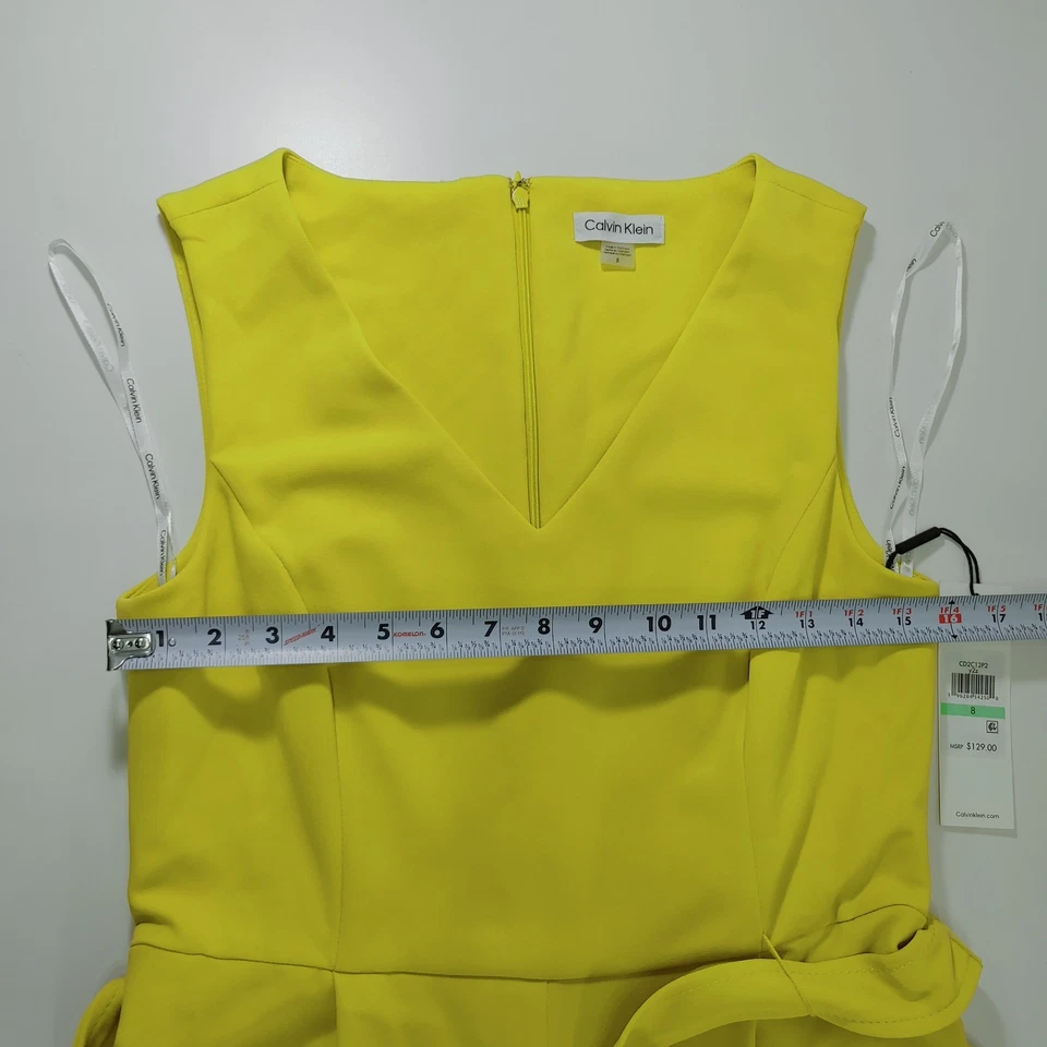 Calvin Klein Yellow Sleeveless Wide Leg Jumpsuit Cropped Pants Belted Size 8 - Image 4 of 4