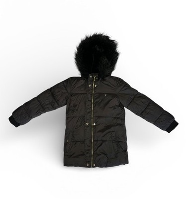 Guess Girls Puffer Coat Size 12 Black Hooded Faux Fur Winter Jacket Zip Snap