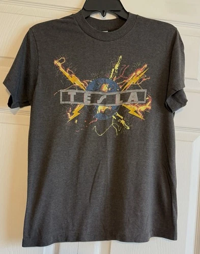 Authentic Vintage charcoal gray Tesla Mechanical Re 1980s vintage concert t-shirt, vintage, single stitch, B+ condition