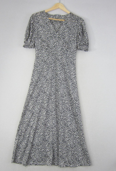 Zara Dress Womens Small 10 Black White Polka Dots Midi Short Sleeve V-Neck Flowy