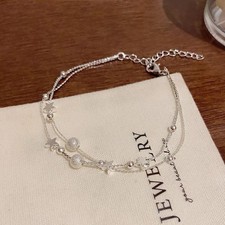 925 Sterling Silver Double Layer Star Bead Bracelet Elegant Chain Jewellery Gift