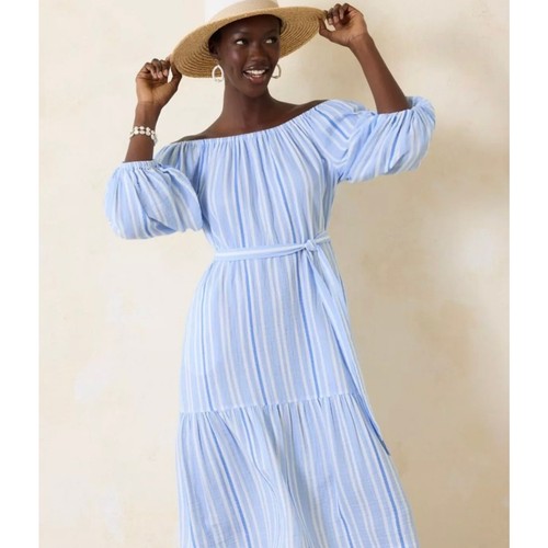 Nuevo con etiquetas Vestido para mujer Tommy Bahama Island gasa azul blanco a rayas fluido talla mediana