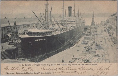 SS Dakota In Puget Sound Dry Dock Seattle WA 1905 Shipyard Postcard